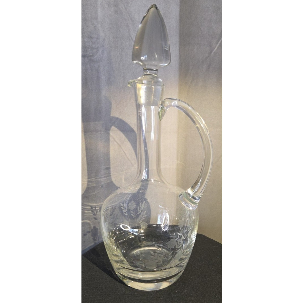 Vtg Toscany Glass Decanter Floral/Leaf Etched Glass W/Stopper Romania